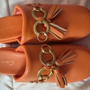 Chic Orange Mules with Gold Detailing